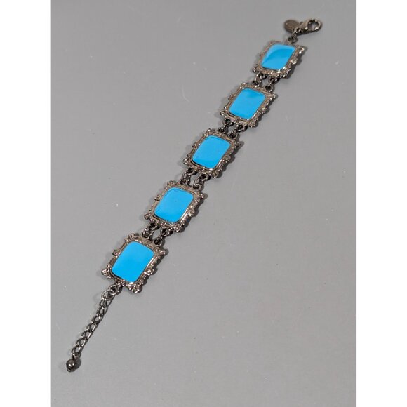 Retro Blue Enamel Gray Metallic Book Link Chain Bracelet 7.5" - Picture 2 of 10